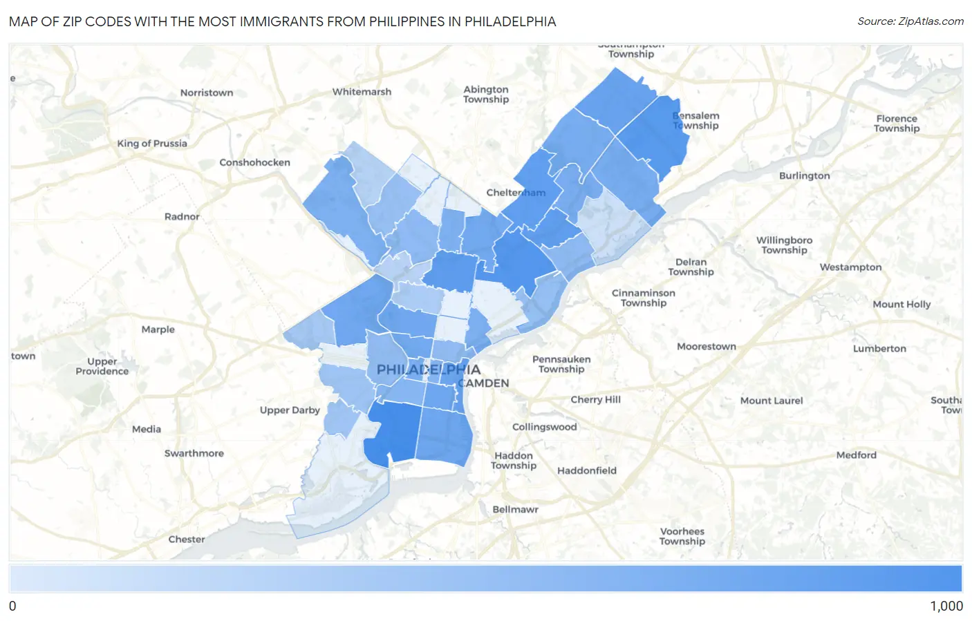 Zip Codes with the Most Immigrants from Philippines in Philadelphia Map