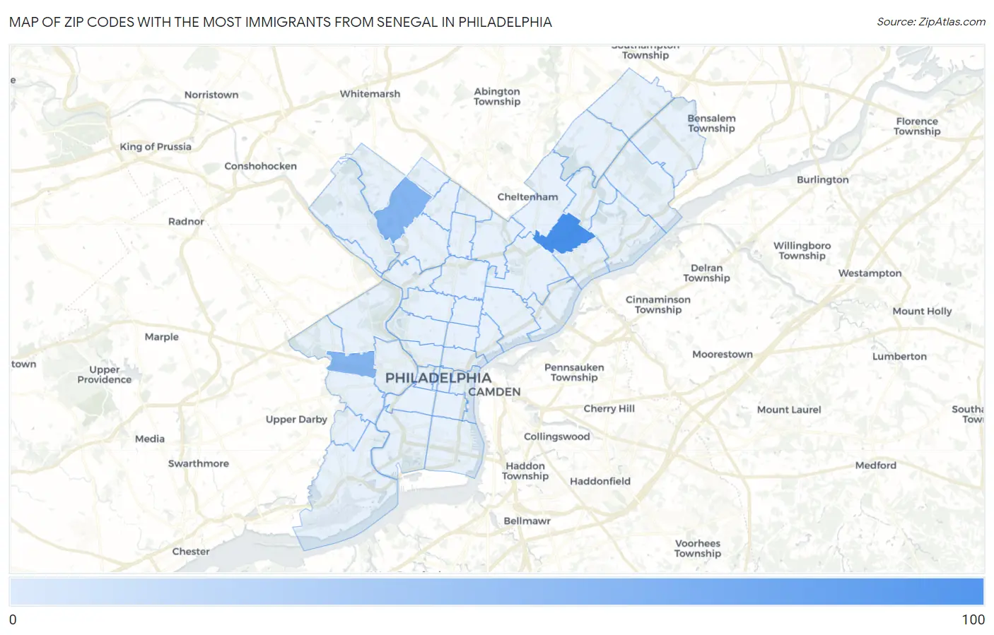 Zip Codes with the Most Immigrants from Senegal in Philadelphia Map