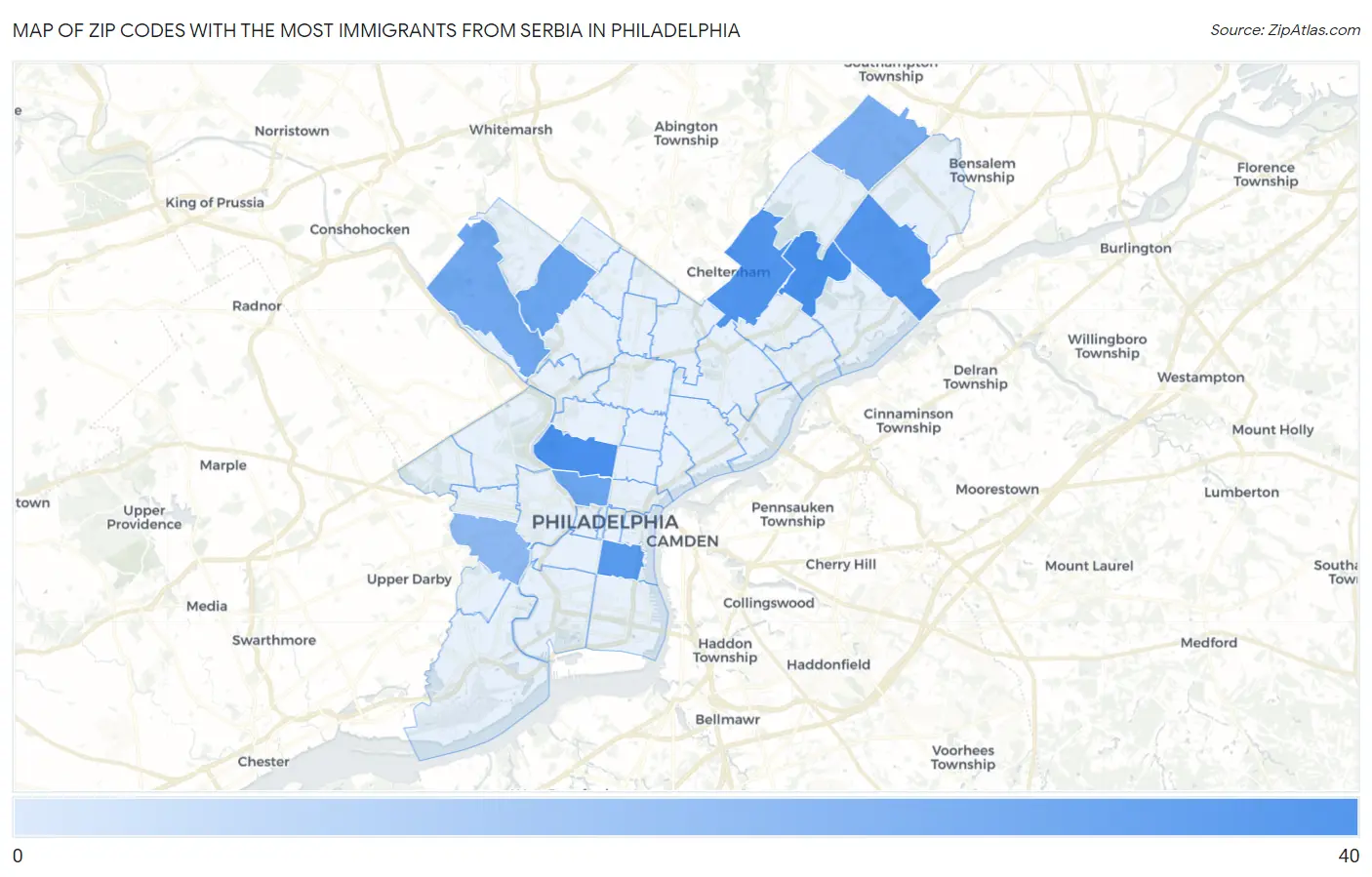 Zip Codes with the Most Immigrants from Serbia in Philadelphia Map