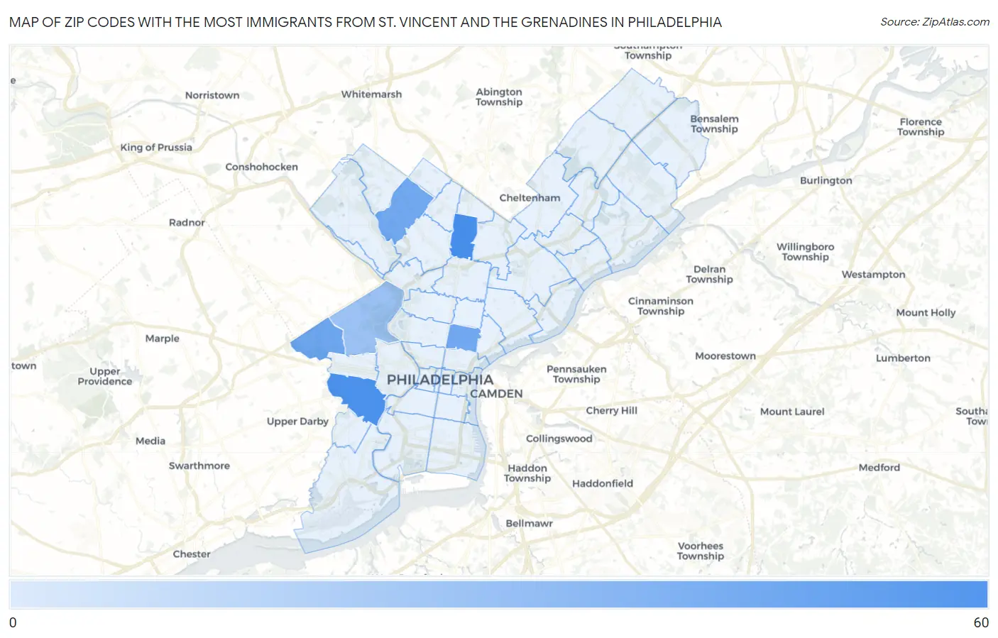 Zip Codes with the Most Immigrants from St. Vincent and the Grenadines in Philadelphia Map