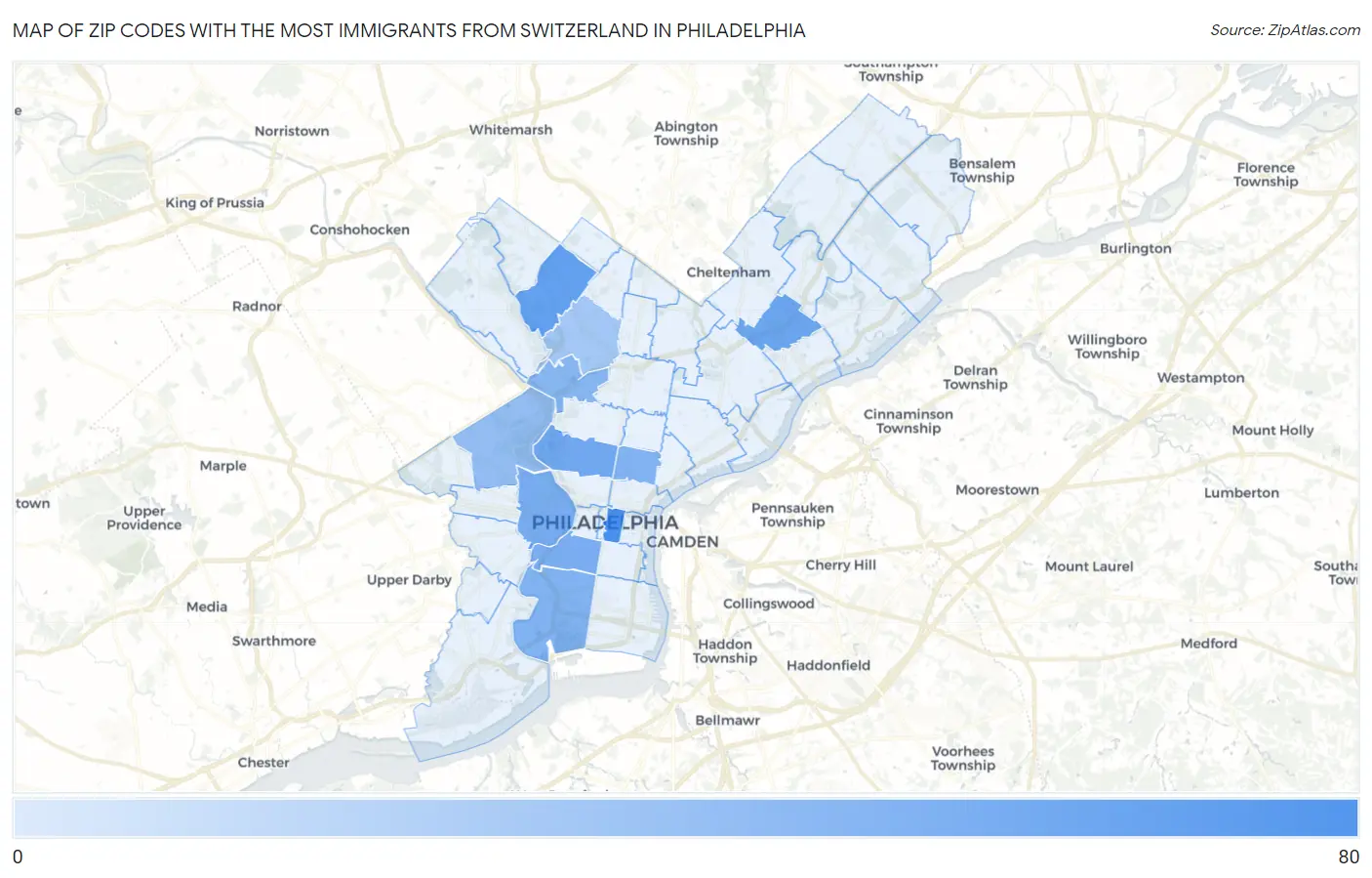 Zip Codes with the Most Immigrants from Switzerland in Philadelphia Map