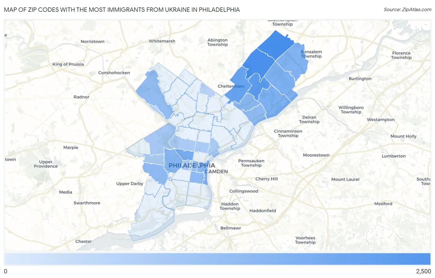 Zip Codes with the Most Immigrants from Ukraine in Philadelphia Map