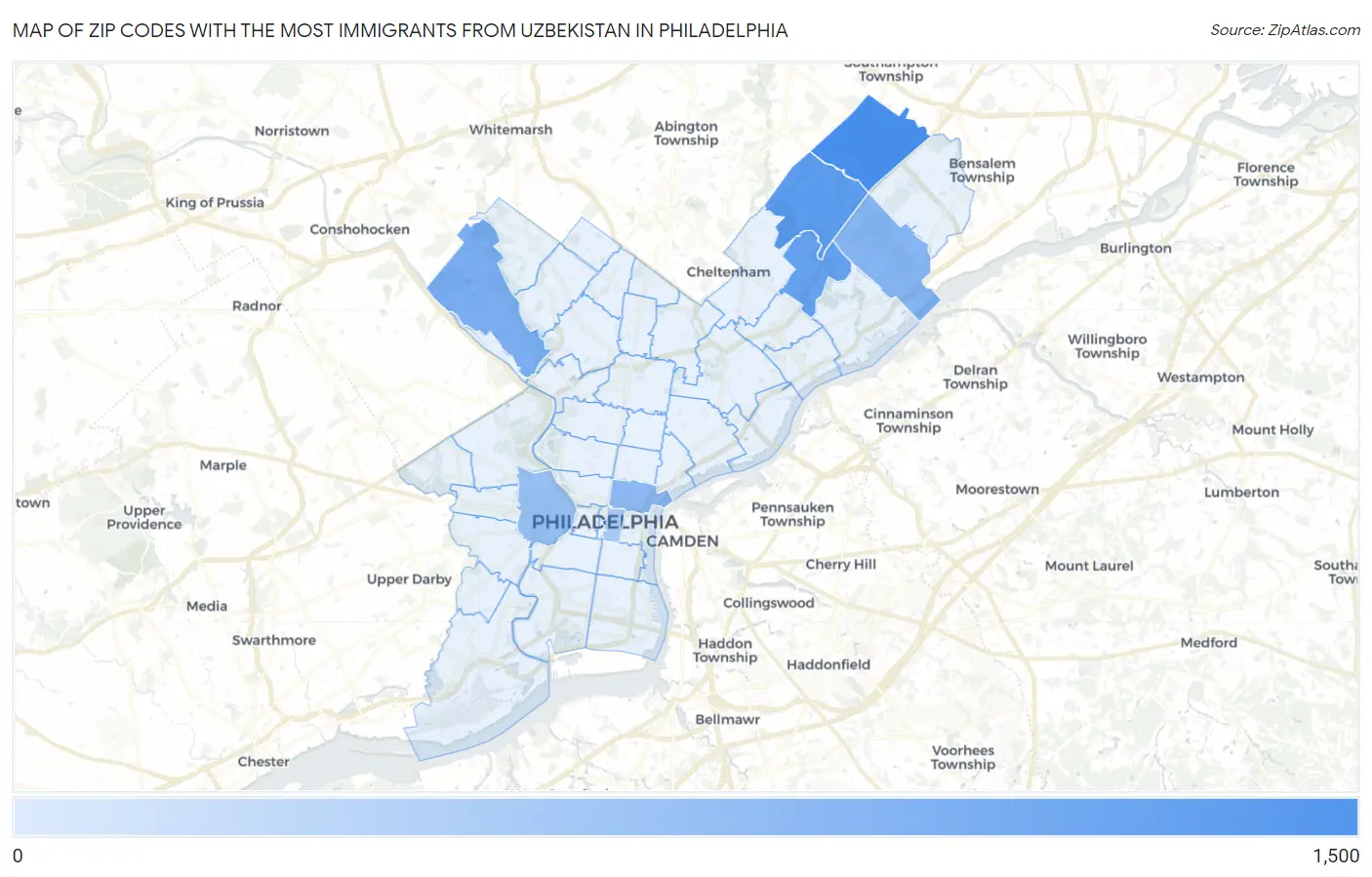 Zip Codes with the Most Immigrants from Uzbekistan in Philadelphia Map