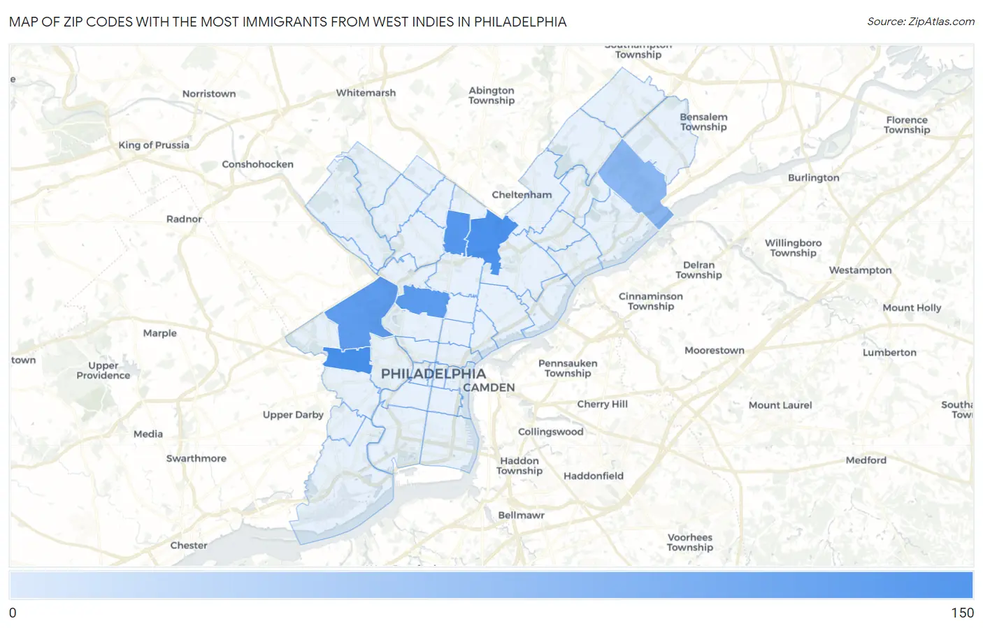 Zip Codes with the Most Immigrants from West Indies in Philadelphia Map