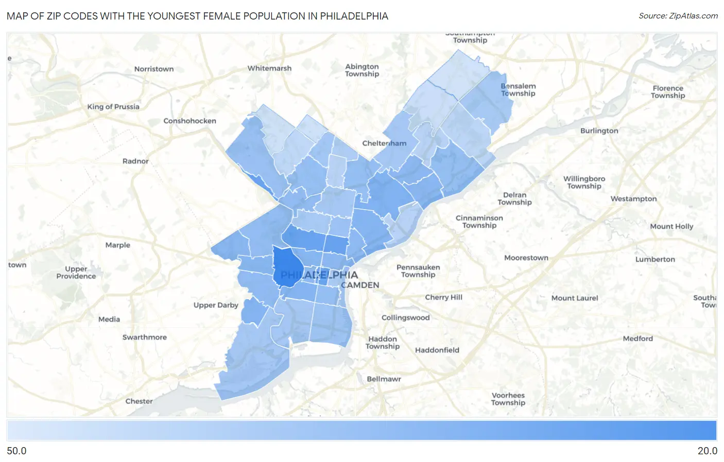 Zip Codes with the Youngest Female Population in Philadelphia Map