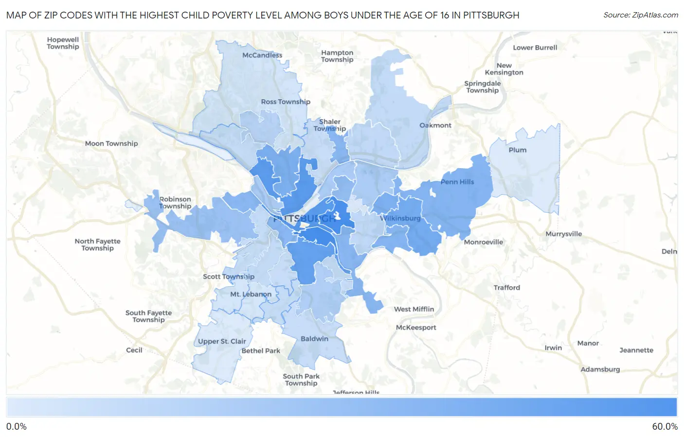 Zip Codes with the Highest Child Poverty Level Among Boys Under the Age of 16 in Pittsburgh Map