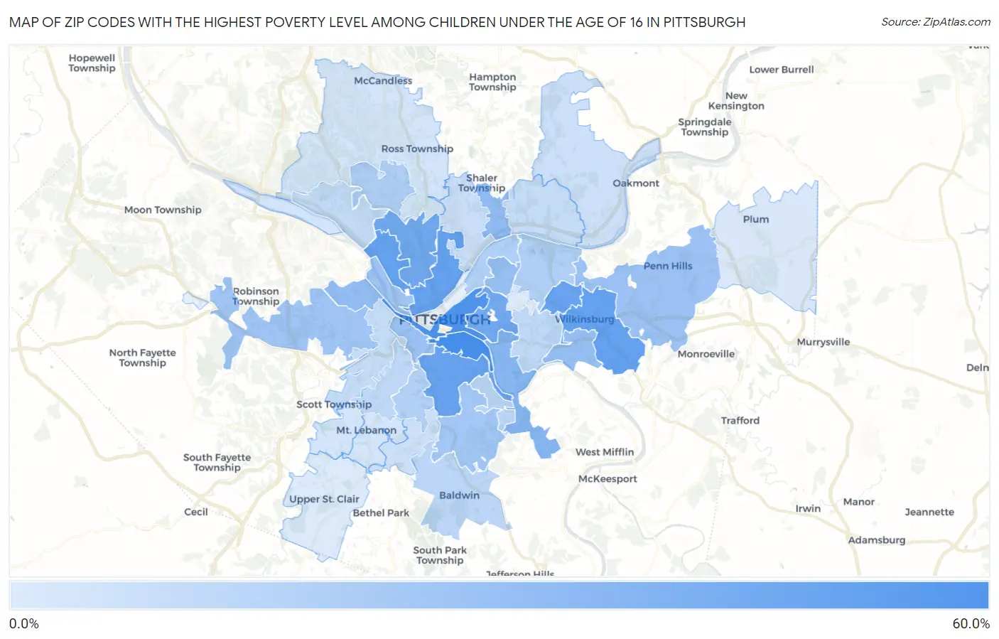 Zip Codes with the Highest Poverty Level Among Children Under the Age of 16 in Pittsburgh Map