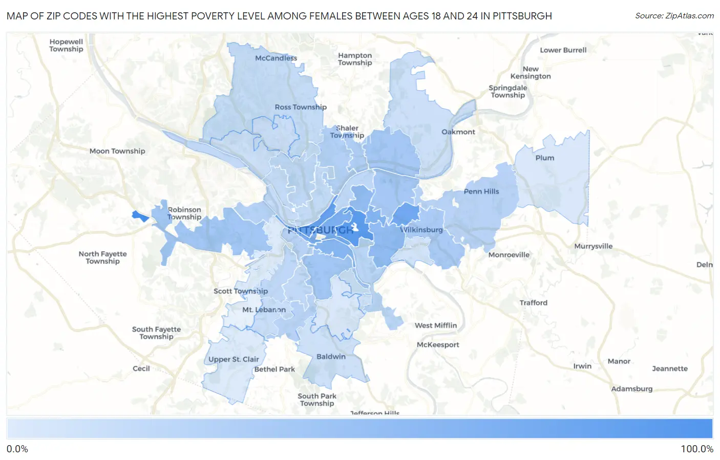 Zip Codes with the Highest Poverty Level Among Females Between Ages 18 and 24 in Pittsburgh Map