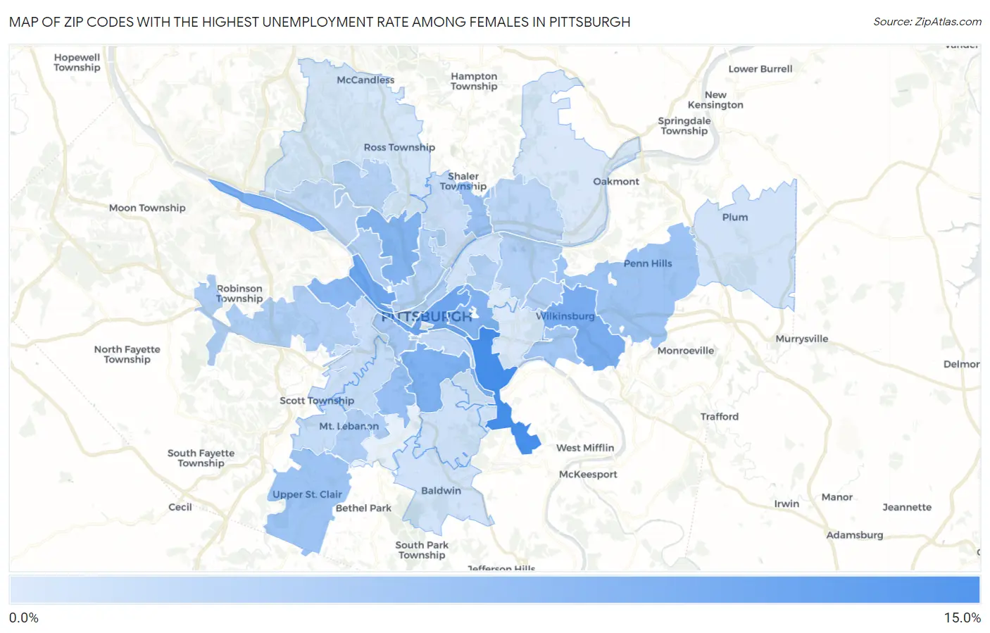 Zip Codes with the Highest Unemployment Rate Among Females in Pittsburgh Map