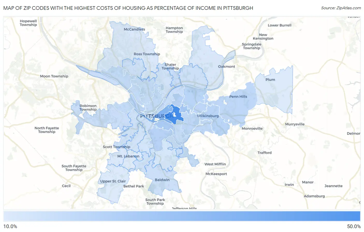 Zip Codes with the Highest Costs of Housing as Percentage of Income in Pittsburgh Map