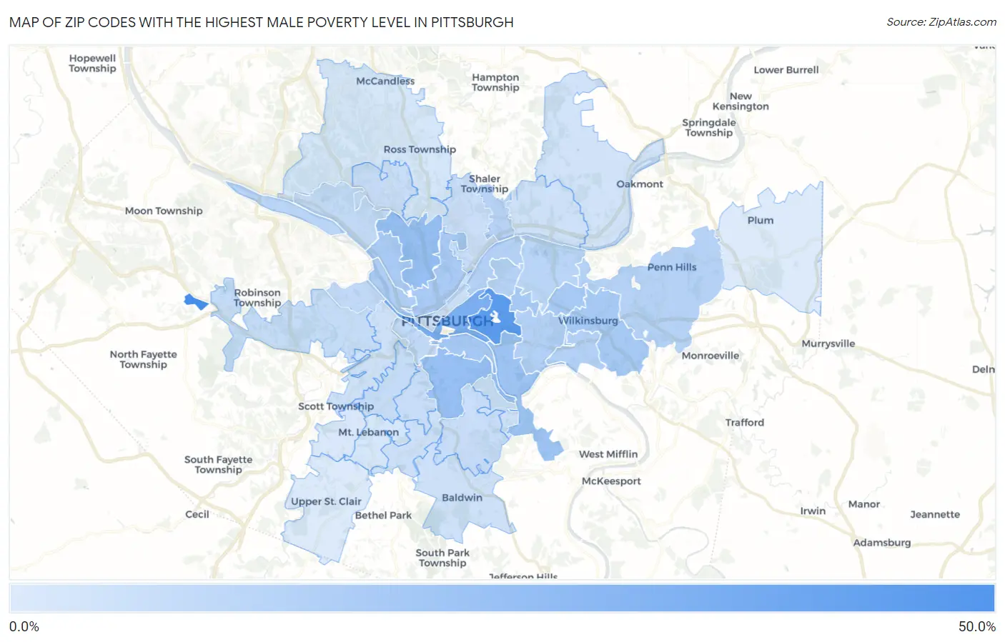 Zip Codes with the Highest Male Poverty Level in Pittsburgh Map