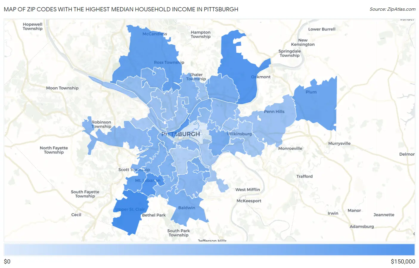 Zip Codes with the Highest Median Household Income in Pittsburgh Map