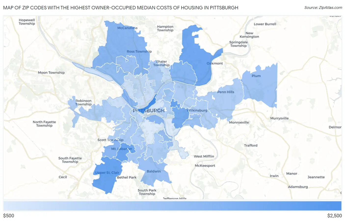 Zip Codes with the Highest Owner-Occupied Median Costs of Housing in Pittsburgh Map