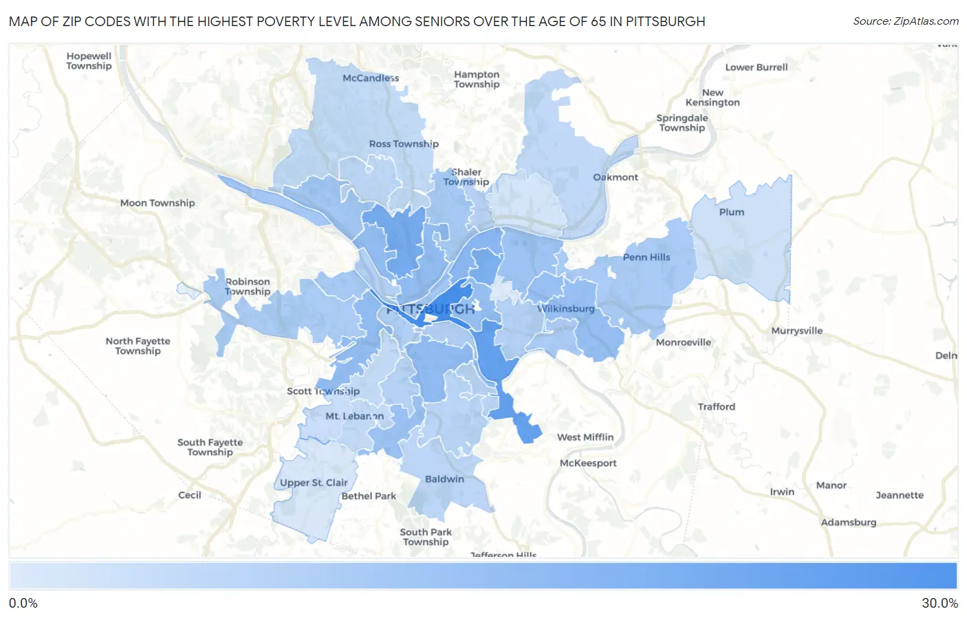 Zip Codes with the Highest Poverty Level Among Seniors Over the Age of 65 in Pittsburgh Map