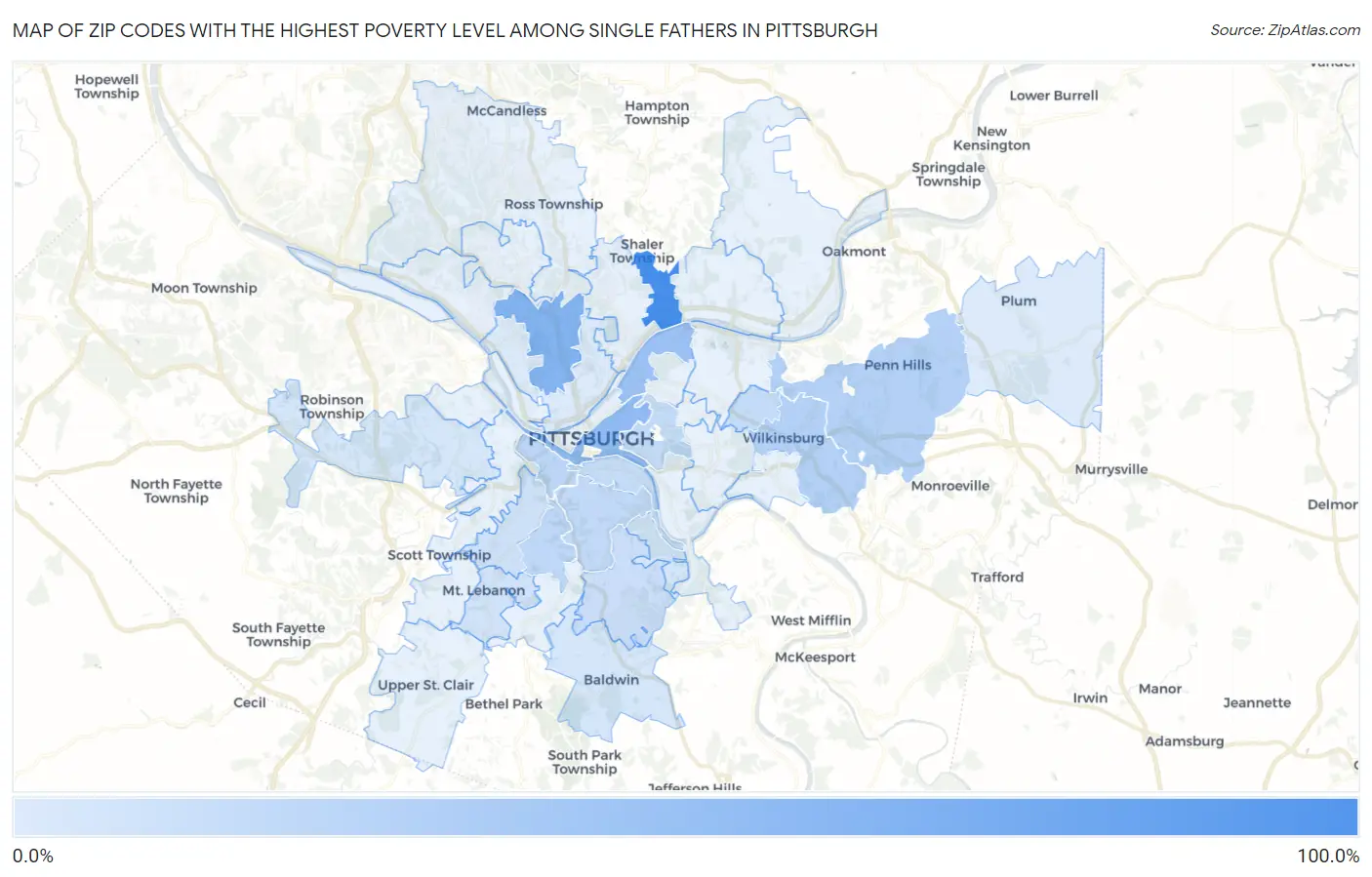 Zip Codes with the Highest Poverty Level Among Single Fathers in Pittsburgh Map