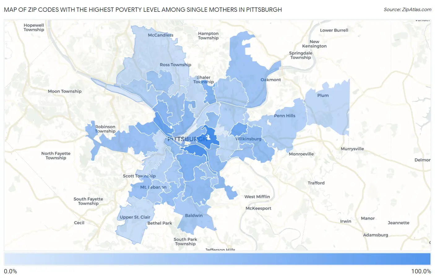 Zip Codes with the Highest Poverty Level Among Single Mothers in Pittsburgh Map