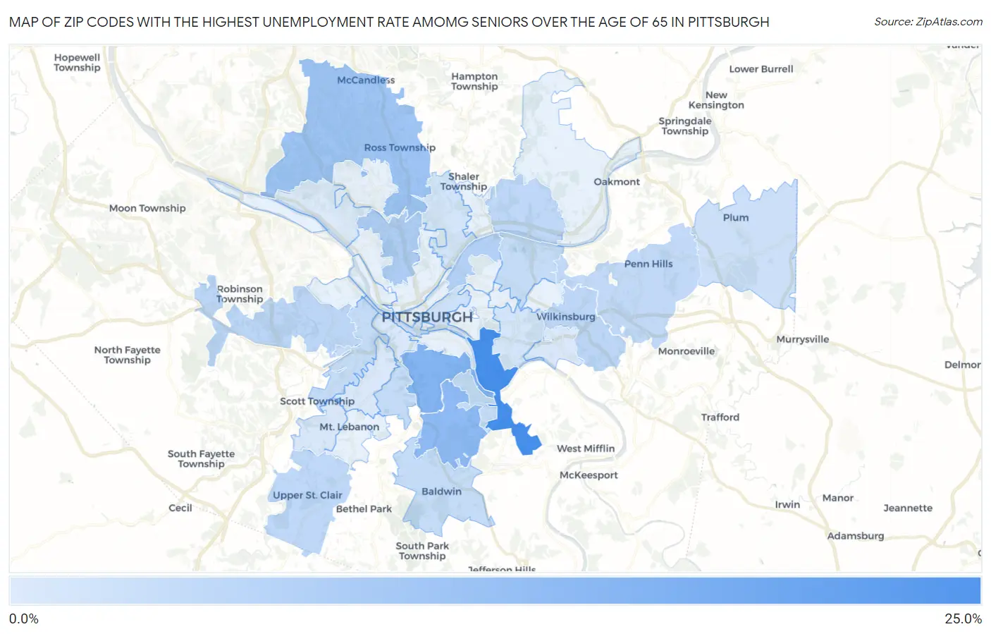 Zip Codes with the Highest Unemployment Rate Amomg Seniors Over the Age of 65 in Pittsburgh Map