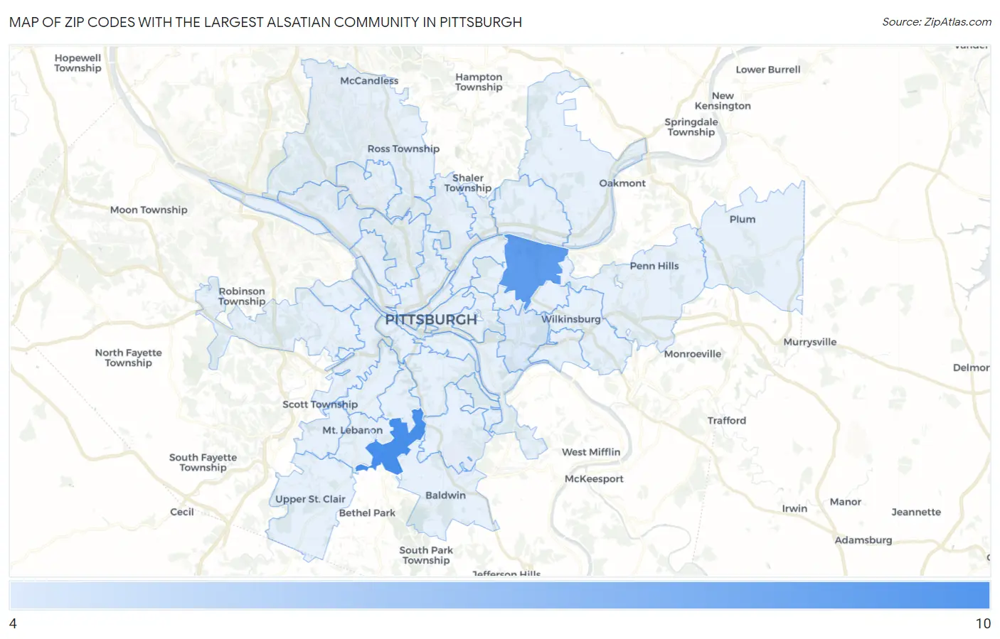 Zip Codes with the Largest Alsatian Community in Pittsburgh Map