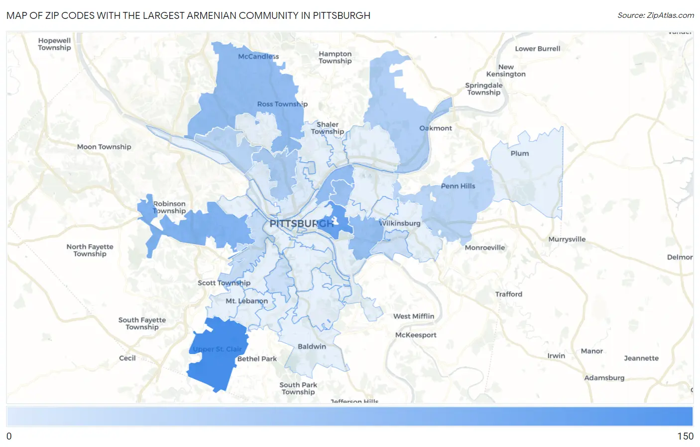 Zip Codes with the Largest Armenian Community in Pittsburgh Map