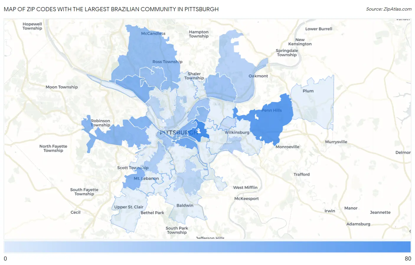 Zip Codes with the Largest Brazilian Community in Pittsburgh Map