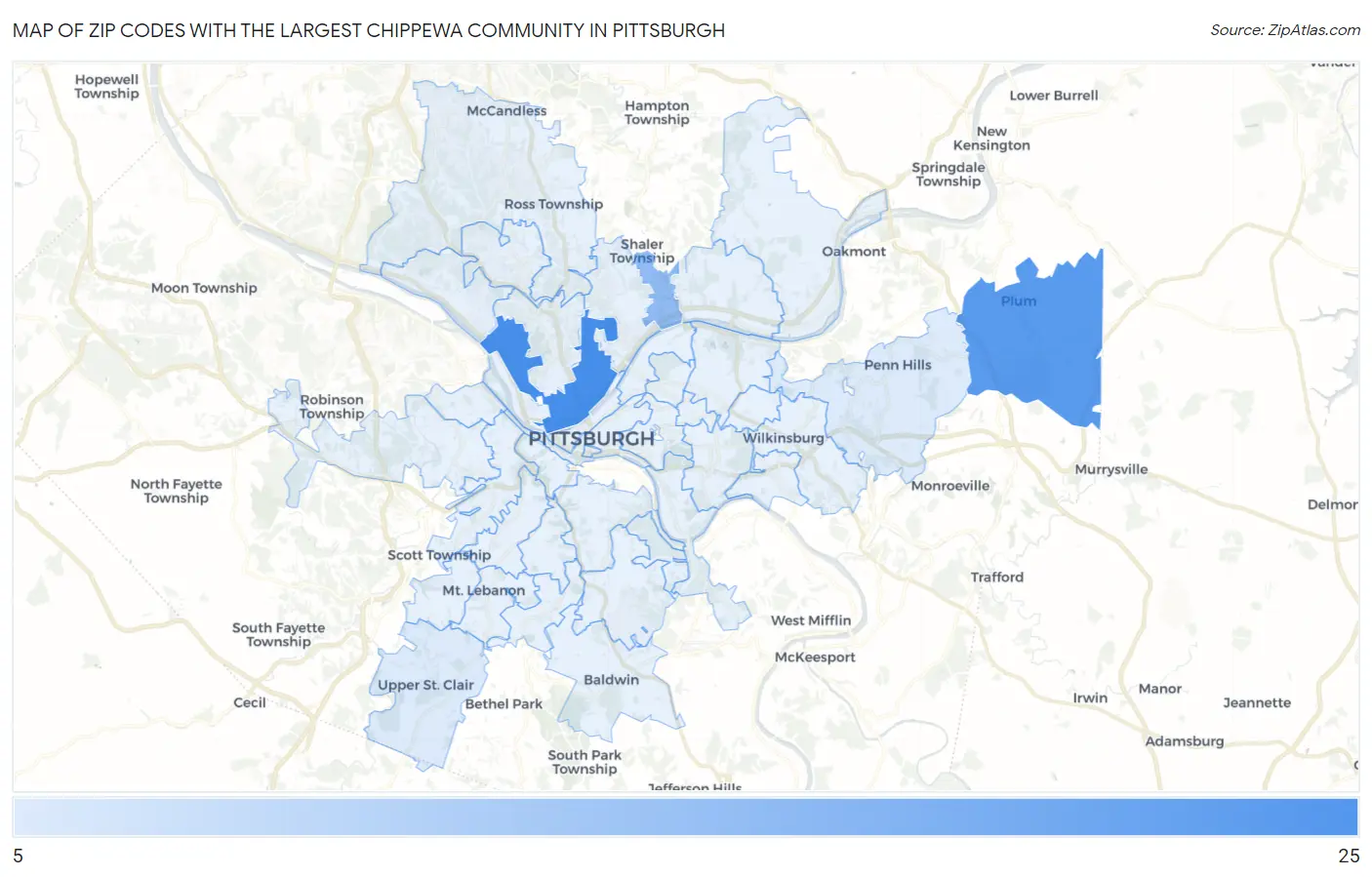 Zip Codes with the Largest Chippewa Community in Pittsburgh Map