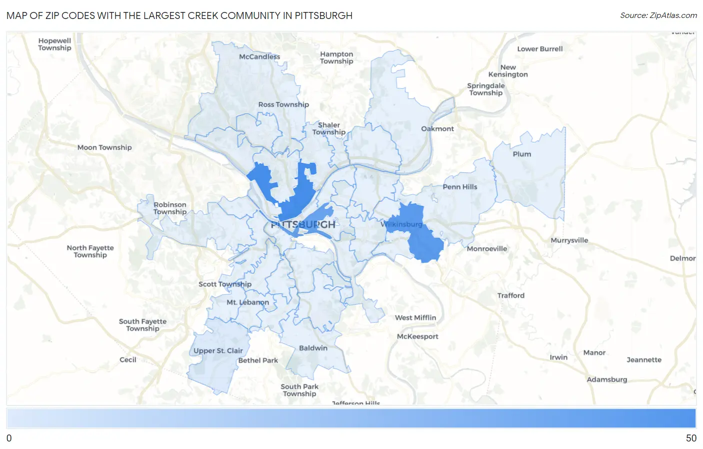 Zip Codes with the Largest Creek Community in Pittsburgh Map