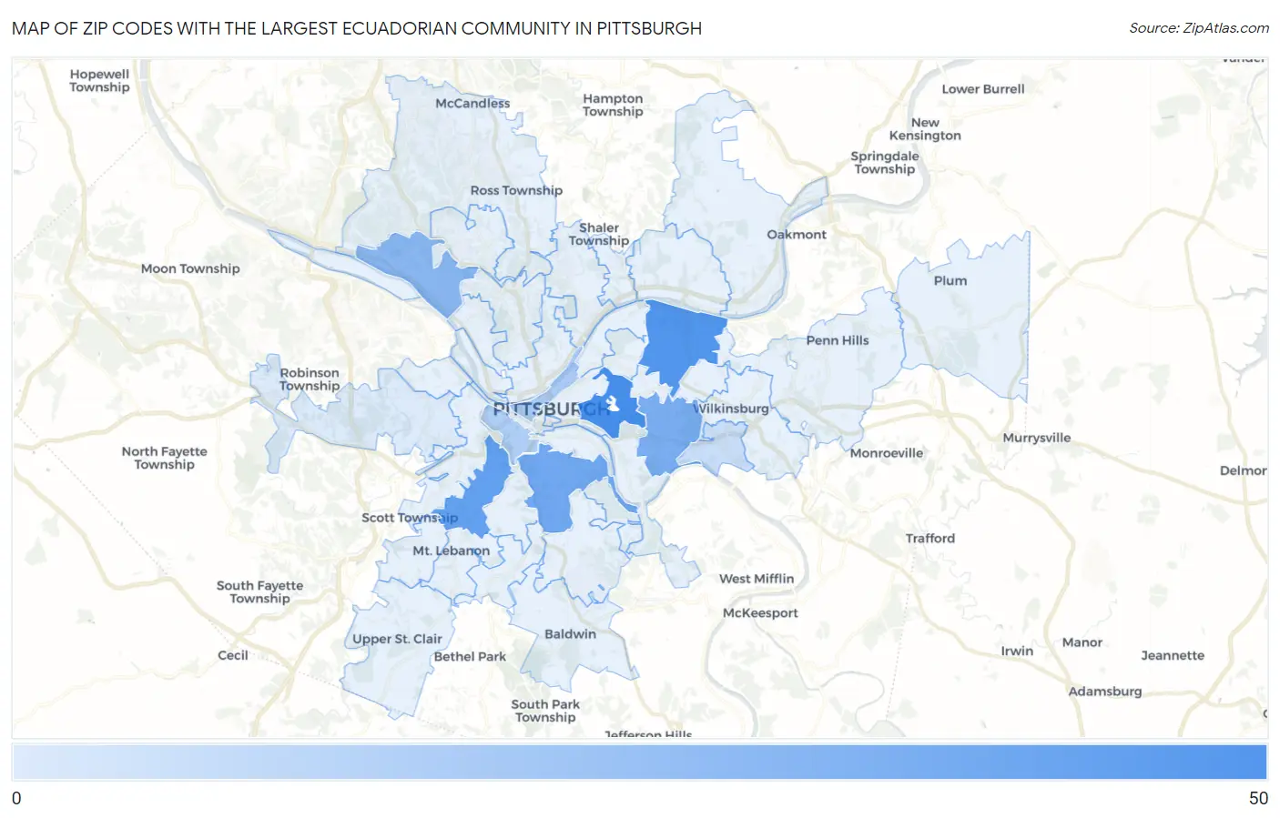 Zip Codes with the Largest Ecuadorian Community in Pittsburgh Map