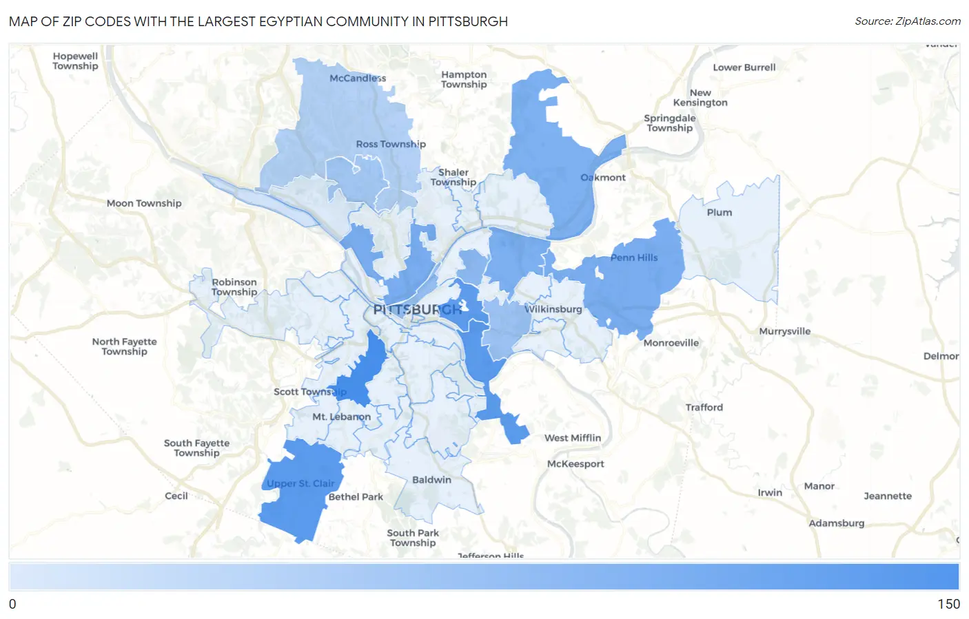 Zip Codes with the Largest Egyptian Community in Pittsburgh Map