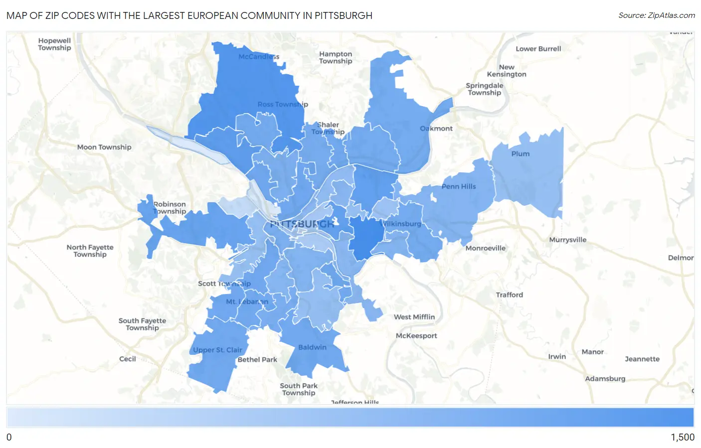 Zip Codes with the Largest European Community in Pittsburgh Map