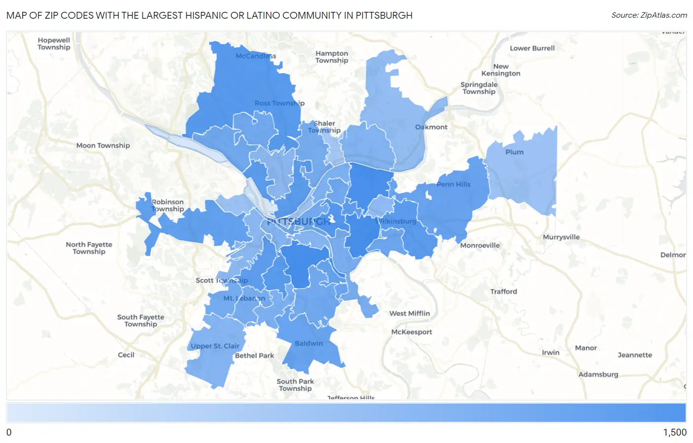 Zip Codes with the Largest Hispanic or Latino Community in Pittsburgh Map