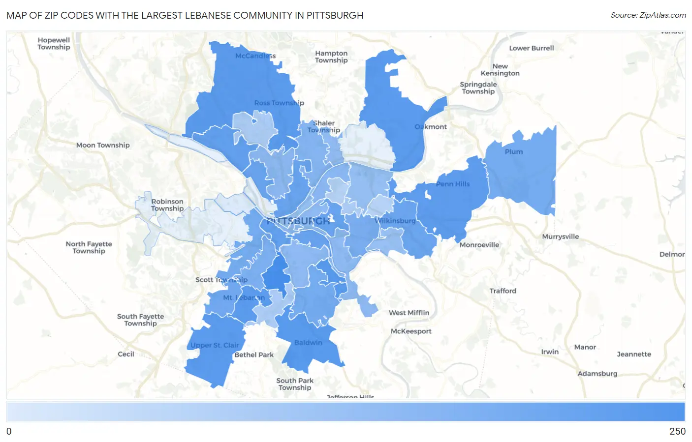 Zip Codes with the Largest Lebanese Community in Pittsburgh Map