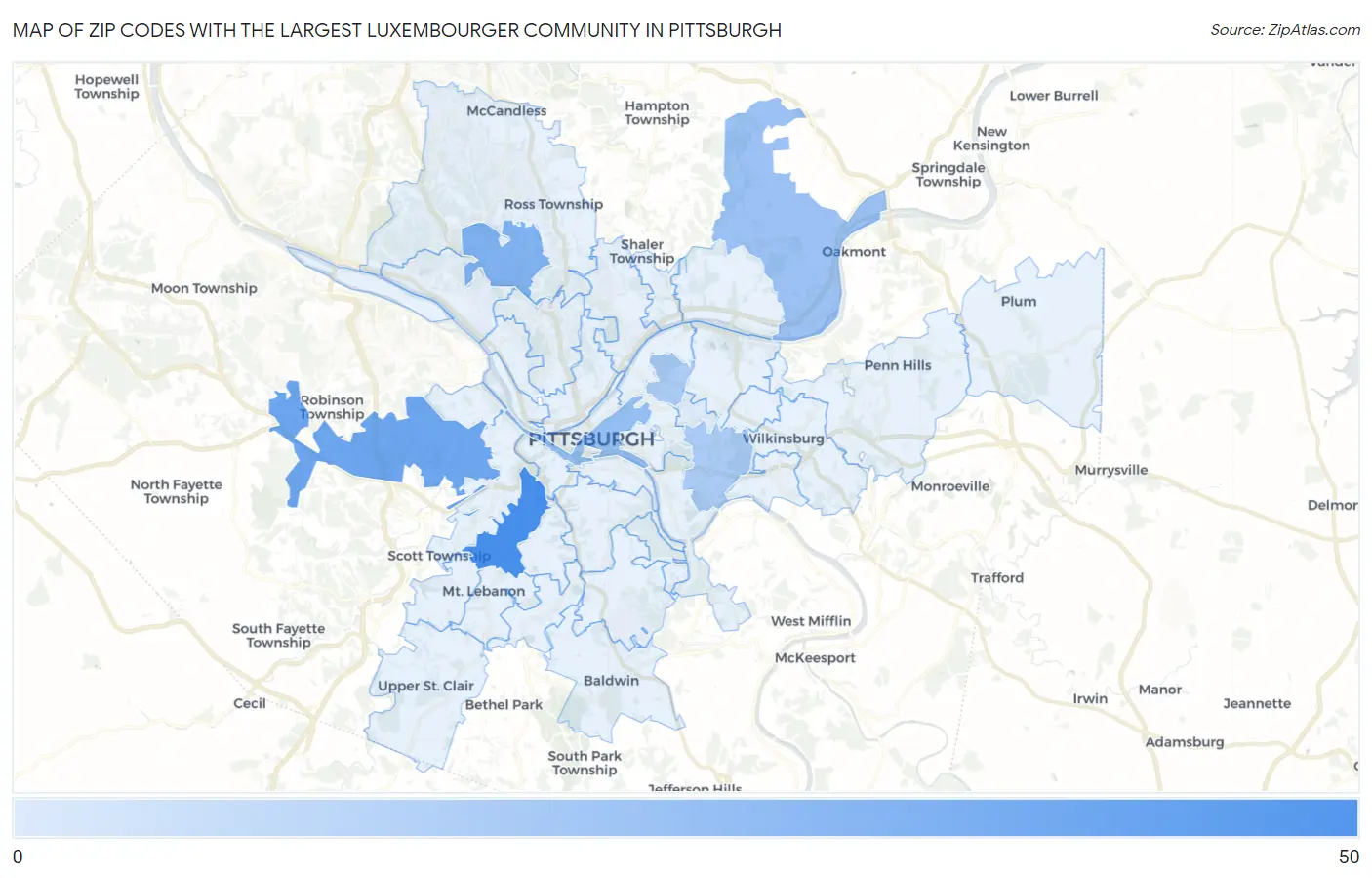 Zip Codes with the Largest Luxembourger Community in Pittsburgh Map