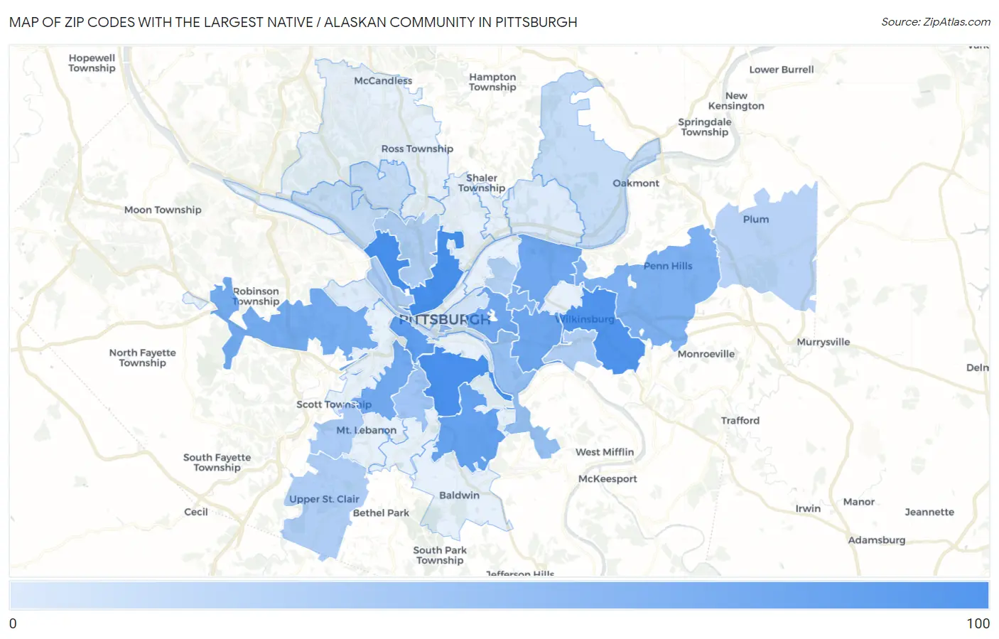 Zip Codes with the Largest Native / Alaskan Community in Pittsburgh Map