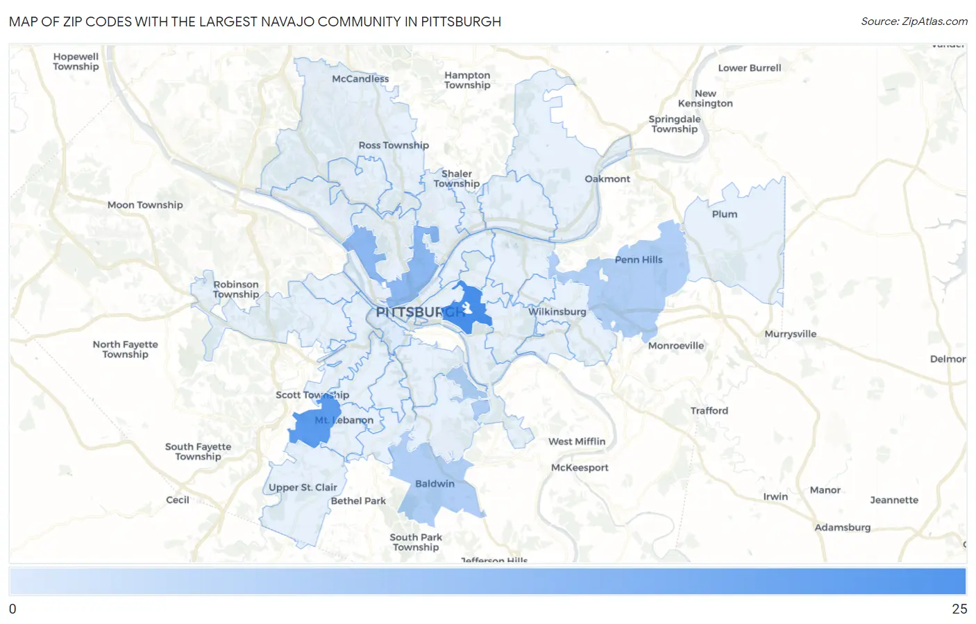 Zip Codes with the Largest Navajo Community in Pittsburgh Map