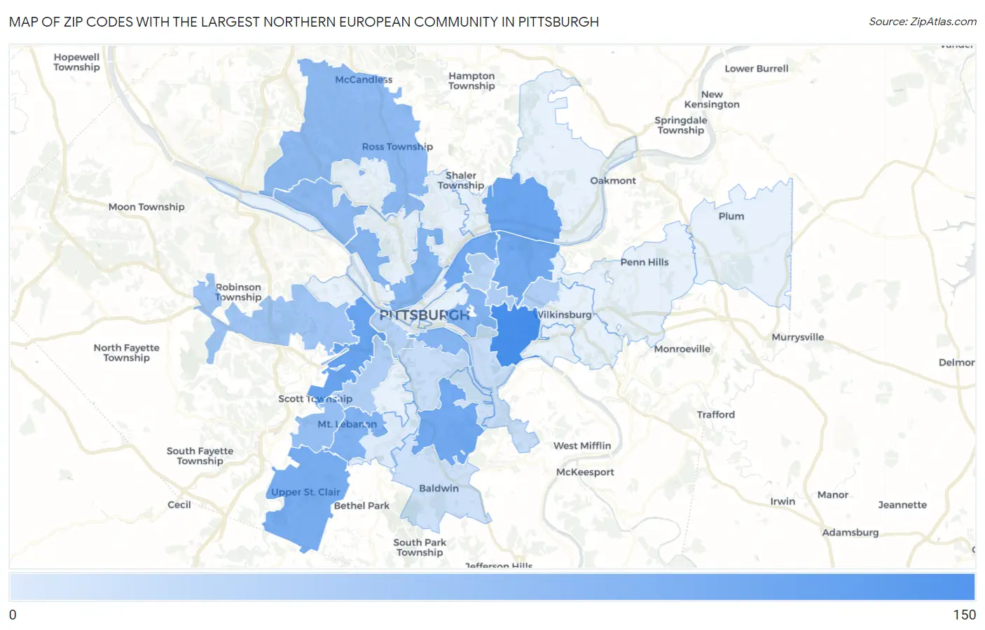 Zip Codes with the Largest Northern European Community in Pittsburgh Map