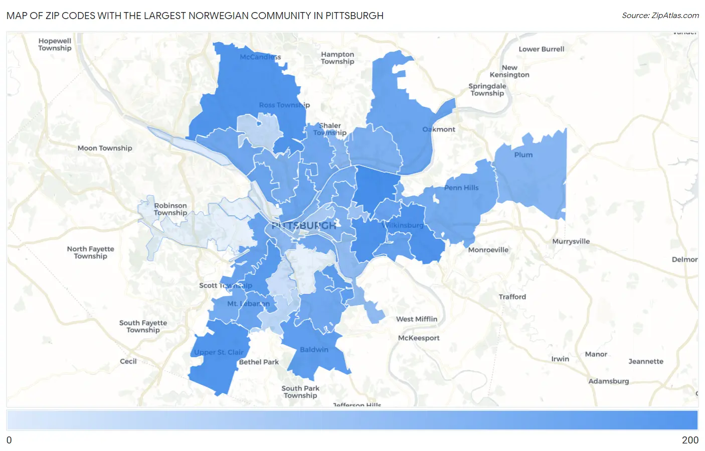Zip Codes with the Largest Norwegian Community in Pittsburgh Map