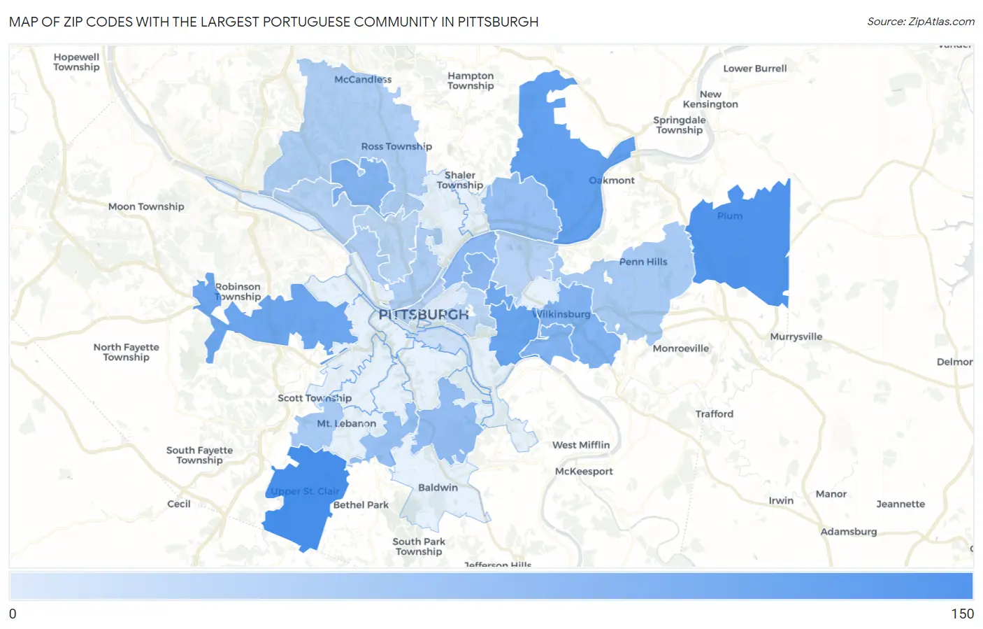 Zip Codes with the Largest Portuguese Community in Pittsburgh Map