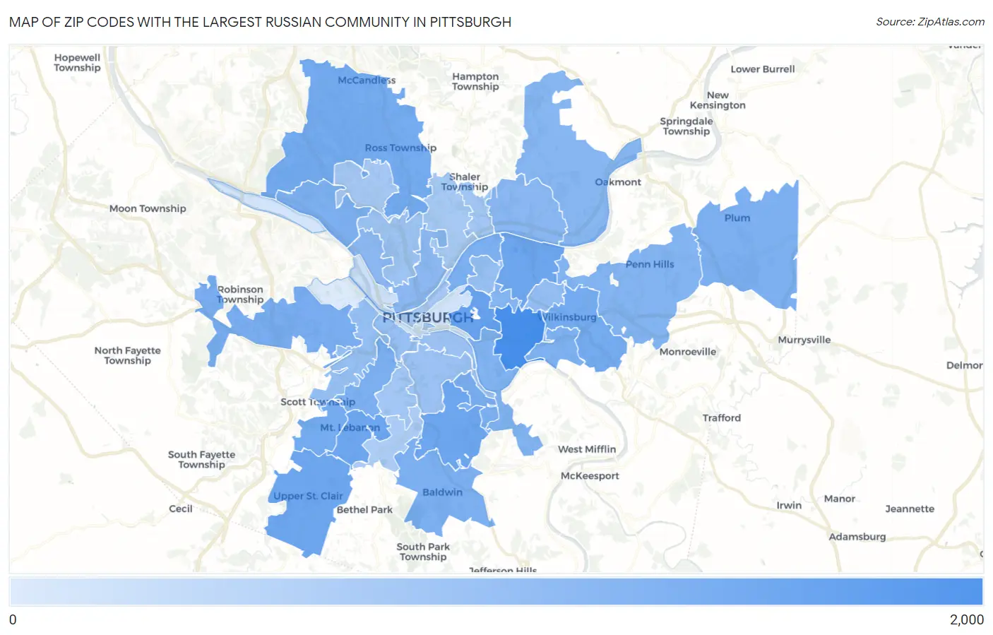 Zip Codes with the Largest Russian Community in Pittsburgh Map