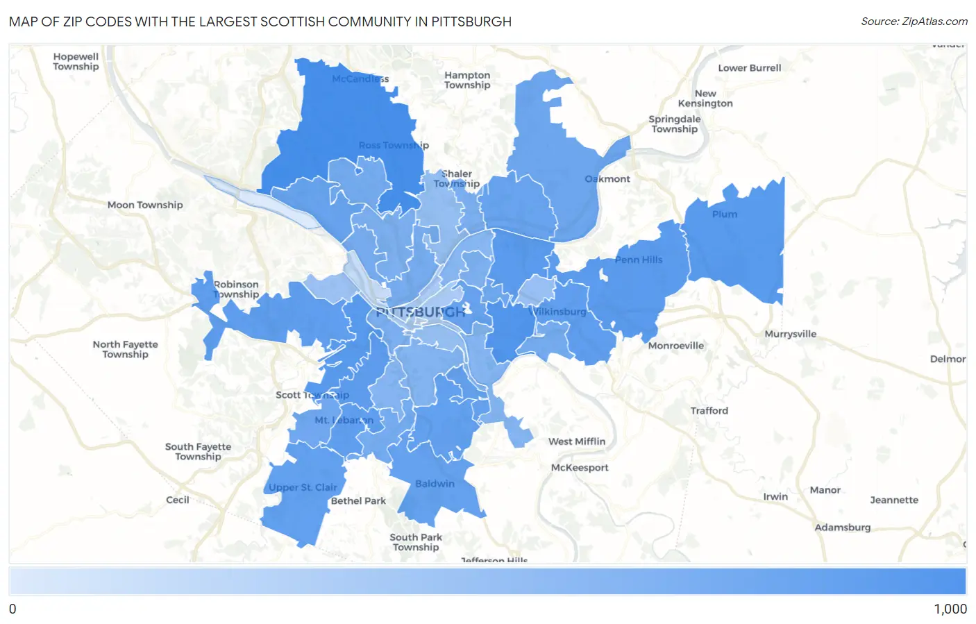 Zip Codes with the Largest Scottish Community in Pittsburgh Map