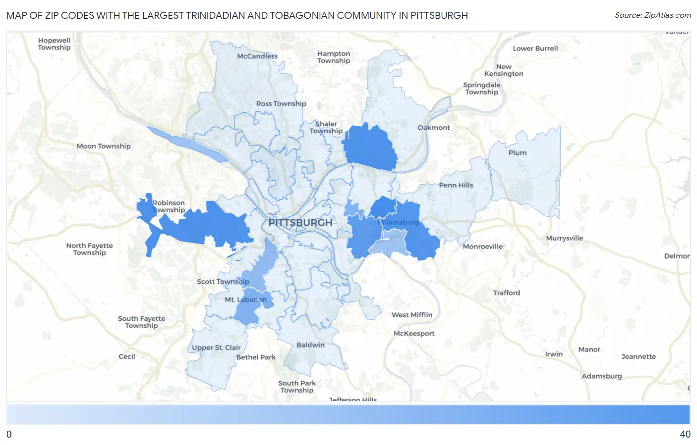 Zip Codes with the Largest Trinidadian and Tobagonian Community in Pittsburgh Map