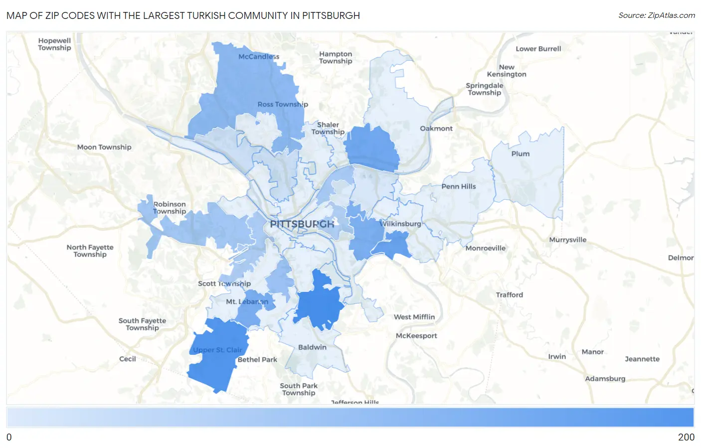 Zip Codes with the Largest Turkish Community in Pittsburgh Map