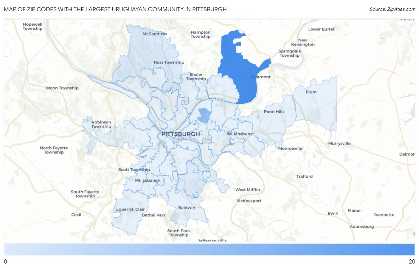 Zip Codes with the Largest Uruguayan Community in Pittsburgh Map