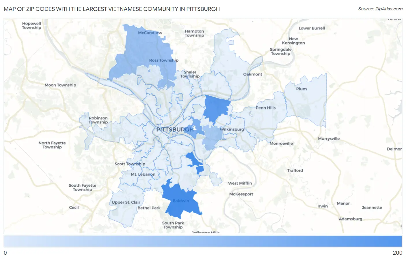Zip Codes with the Largest Vietnamese Community in Pittsburgh Map