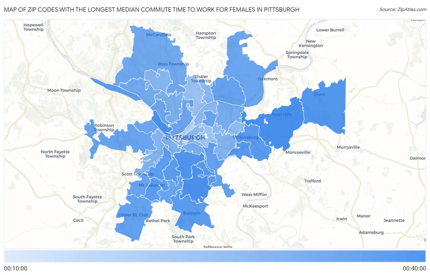 Zip Codes with the Longest Median Commute Time to Work for Females in Pittsburgh Map