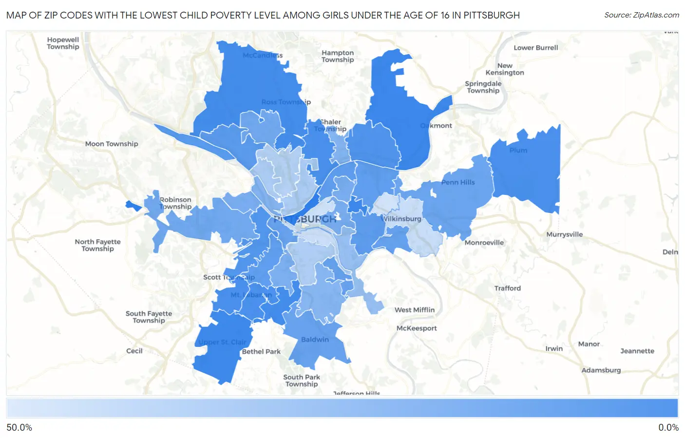 Zip Codes with the Lowest Child Poverty Level Among Girls Under the Age of 16 in Pittsburgh Map