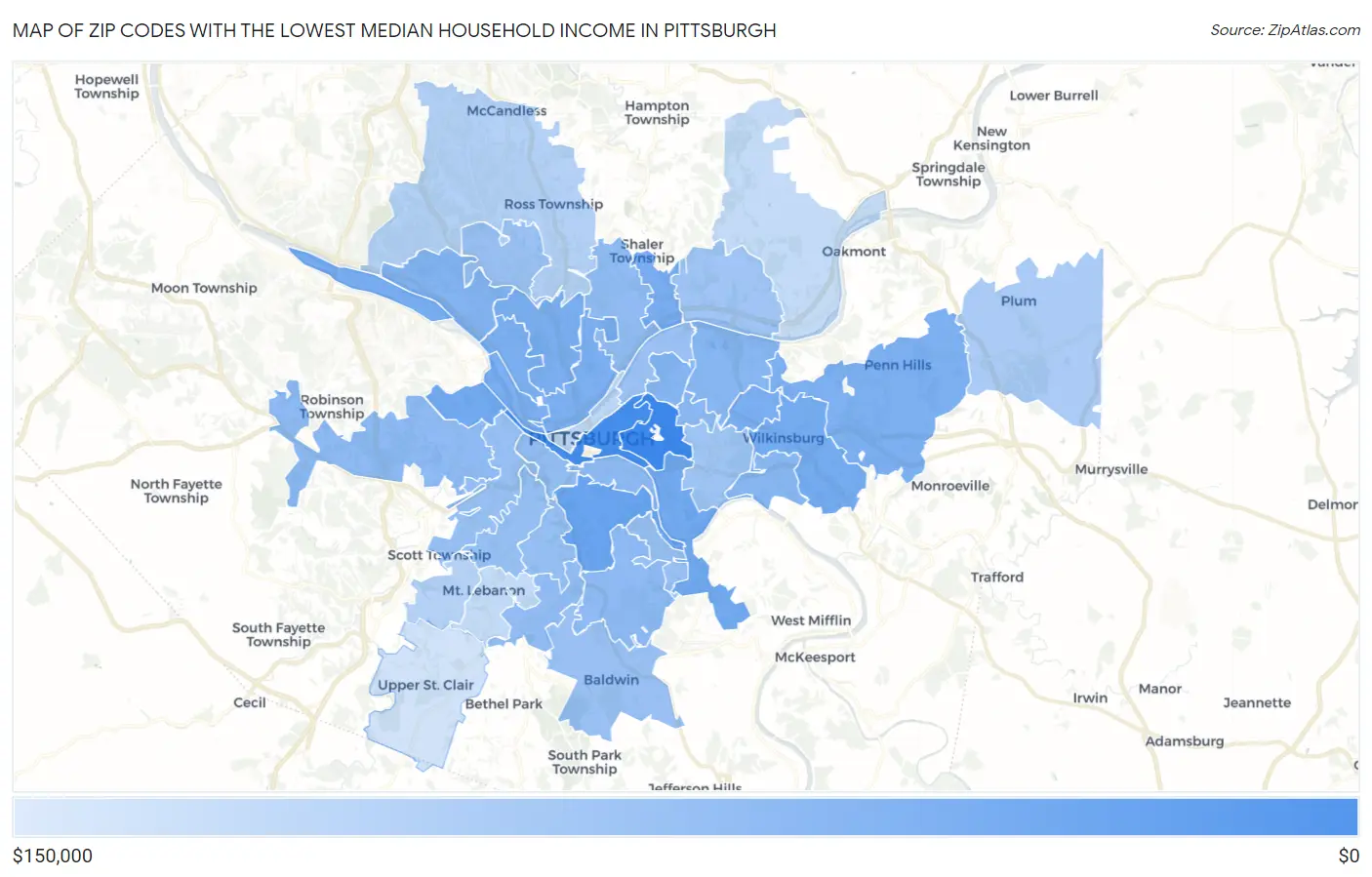 Zip Codes with the Lowest Median Household Income in Pittsburgh Map