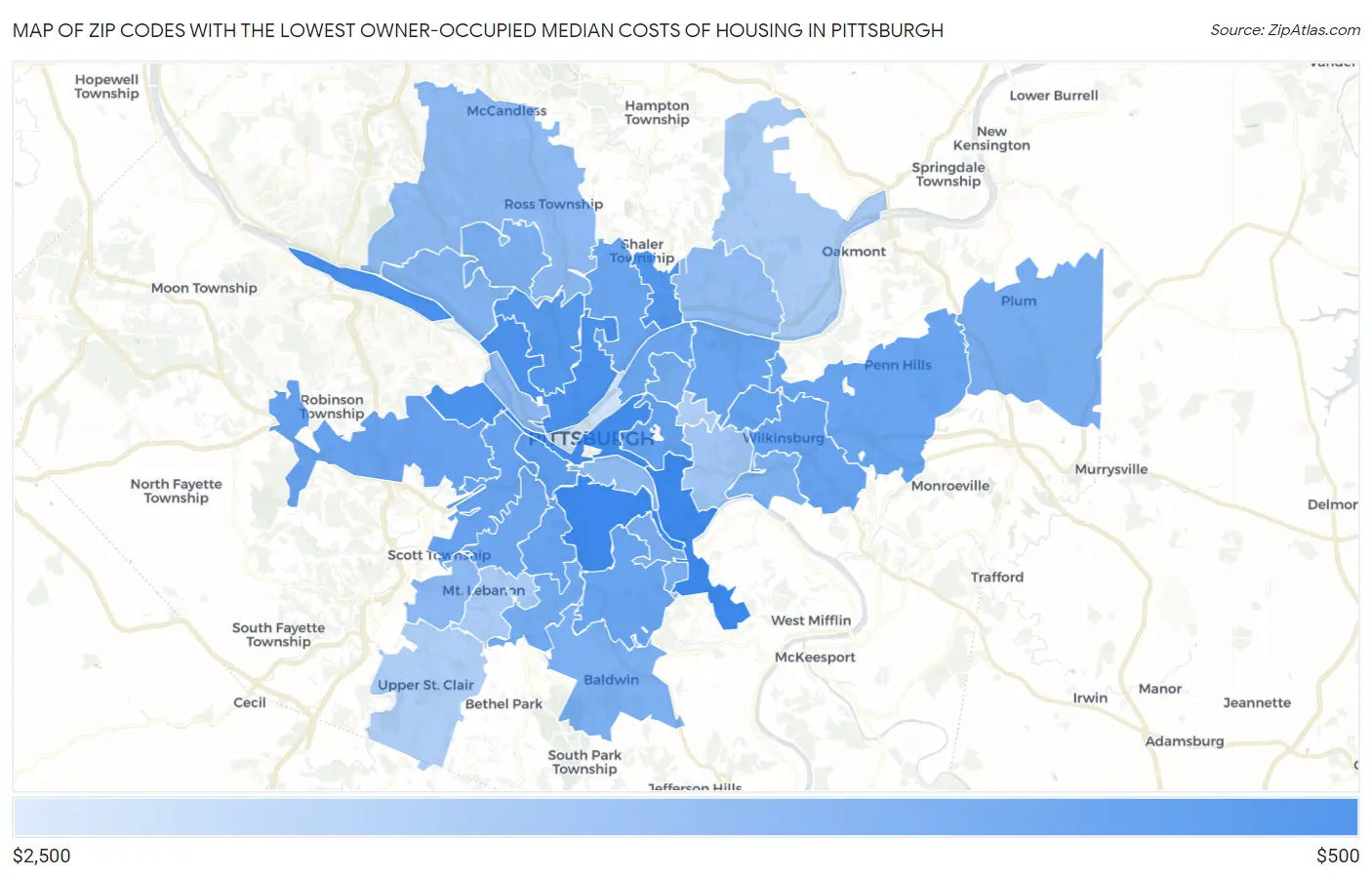 Zip Codes with the Lowest Owner-Occupied Median Costs of Housing in Pittsburgh Map