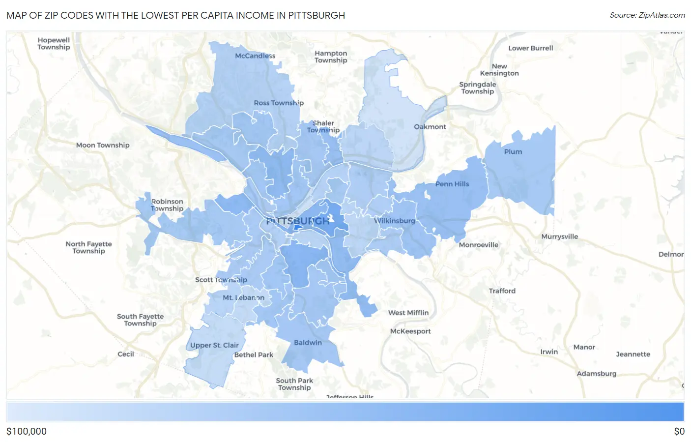 Zip Codes with the Lowest Per Capita Income in Pittsburgh Map