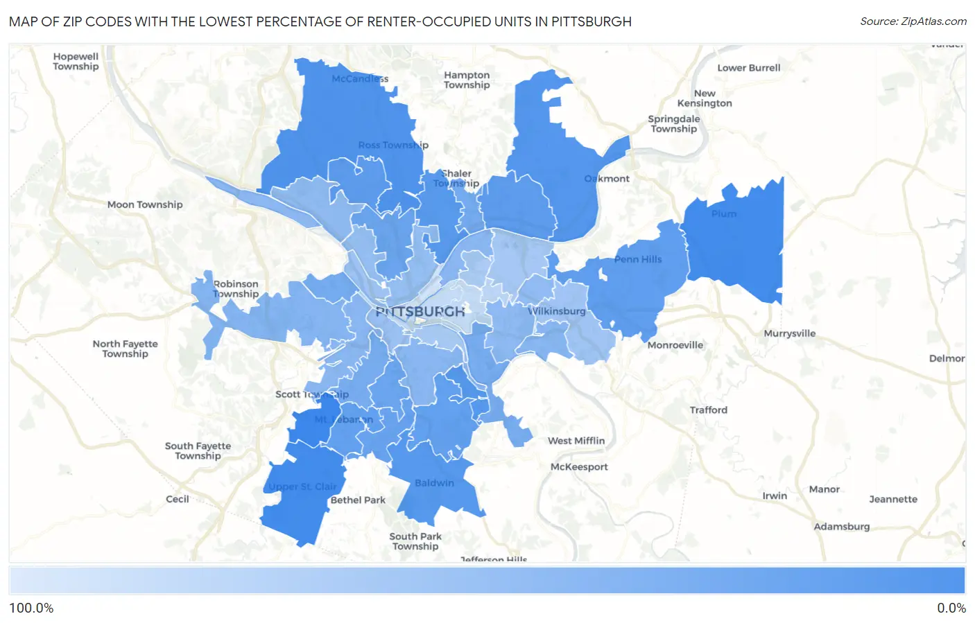 Zip Codes with the Lowest Percentage of Renter-Occupied Units in Pittsburgh Map