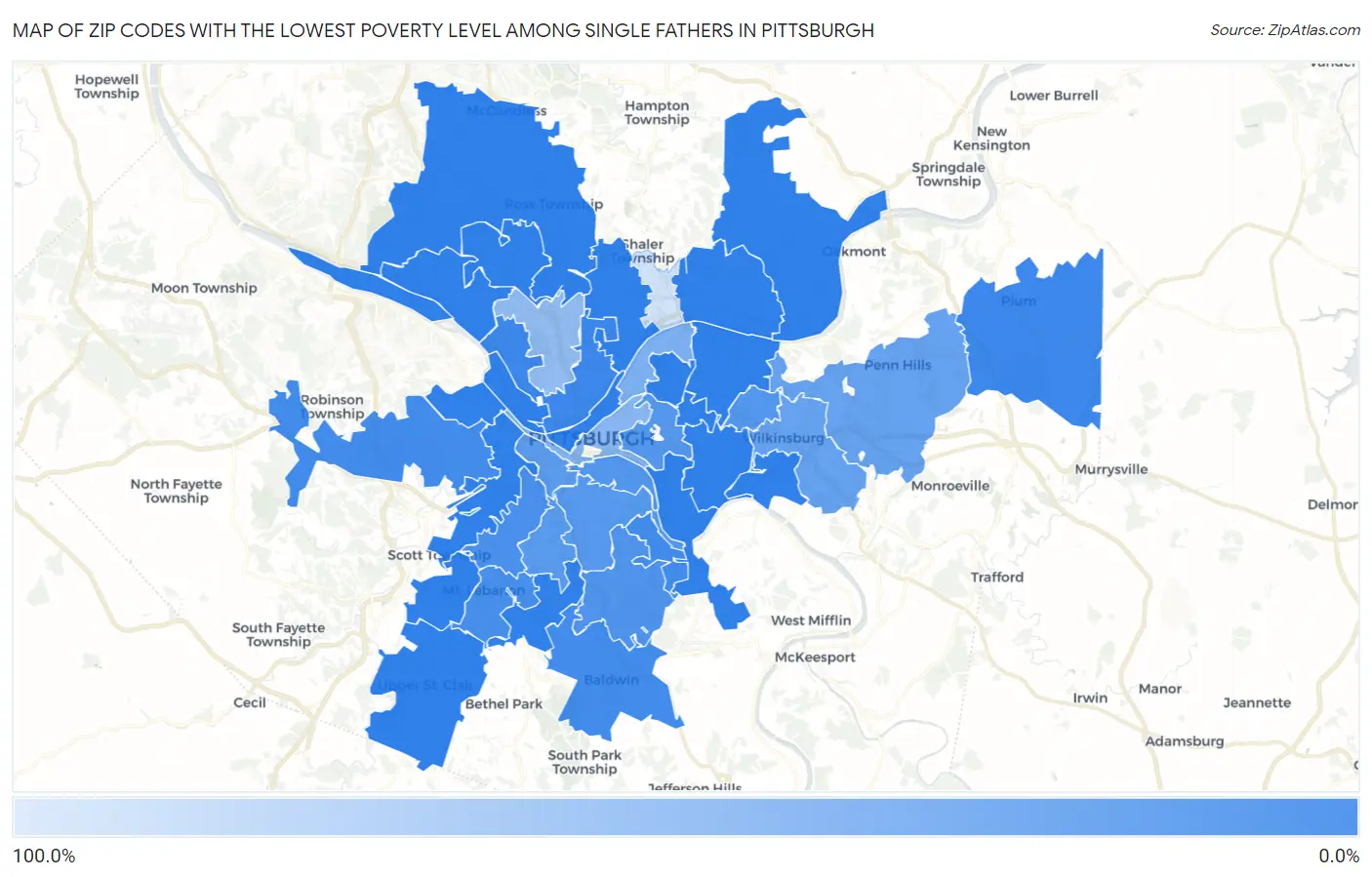 Zip Codes with the Lowest Poverty Level Among Single Fathers in Pittsburgh Map